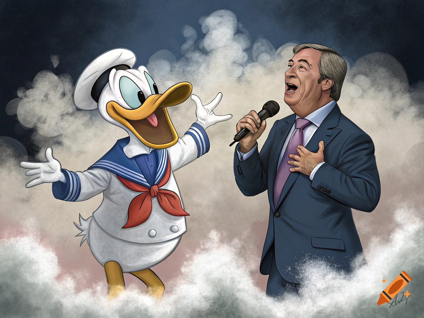Illustration of Donald Duck and Nigel Farage singing a duet in clouds.
