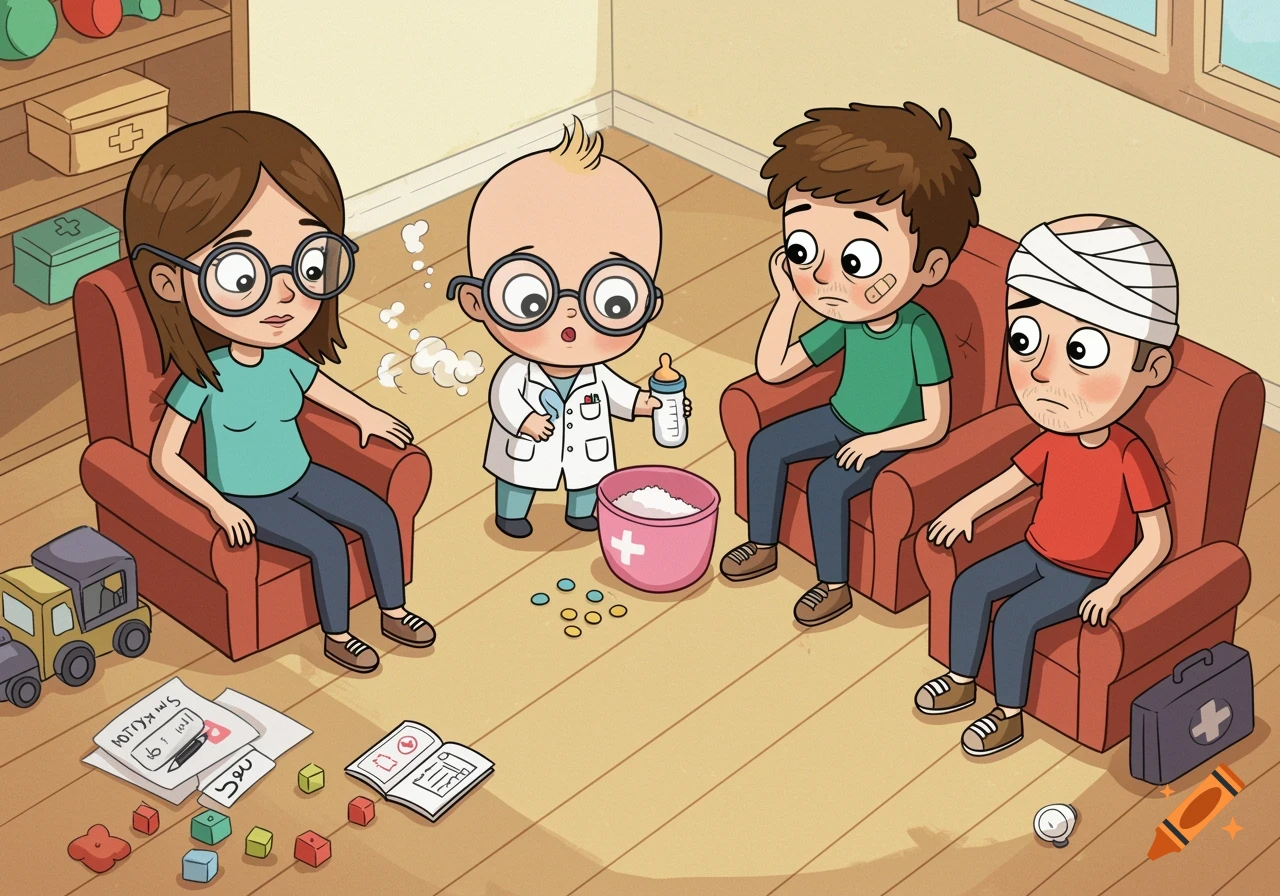 A cartoon shows a baby dressed as a doctor tending to injured parents and a boy.