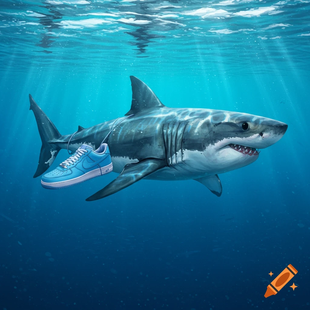 A shark swims underwater with blue Nike shoes attached.