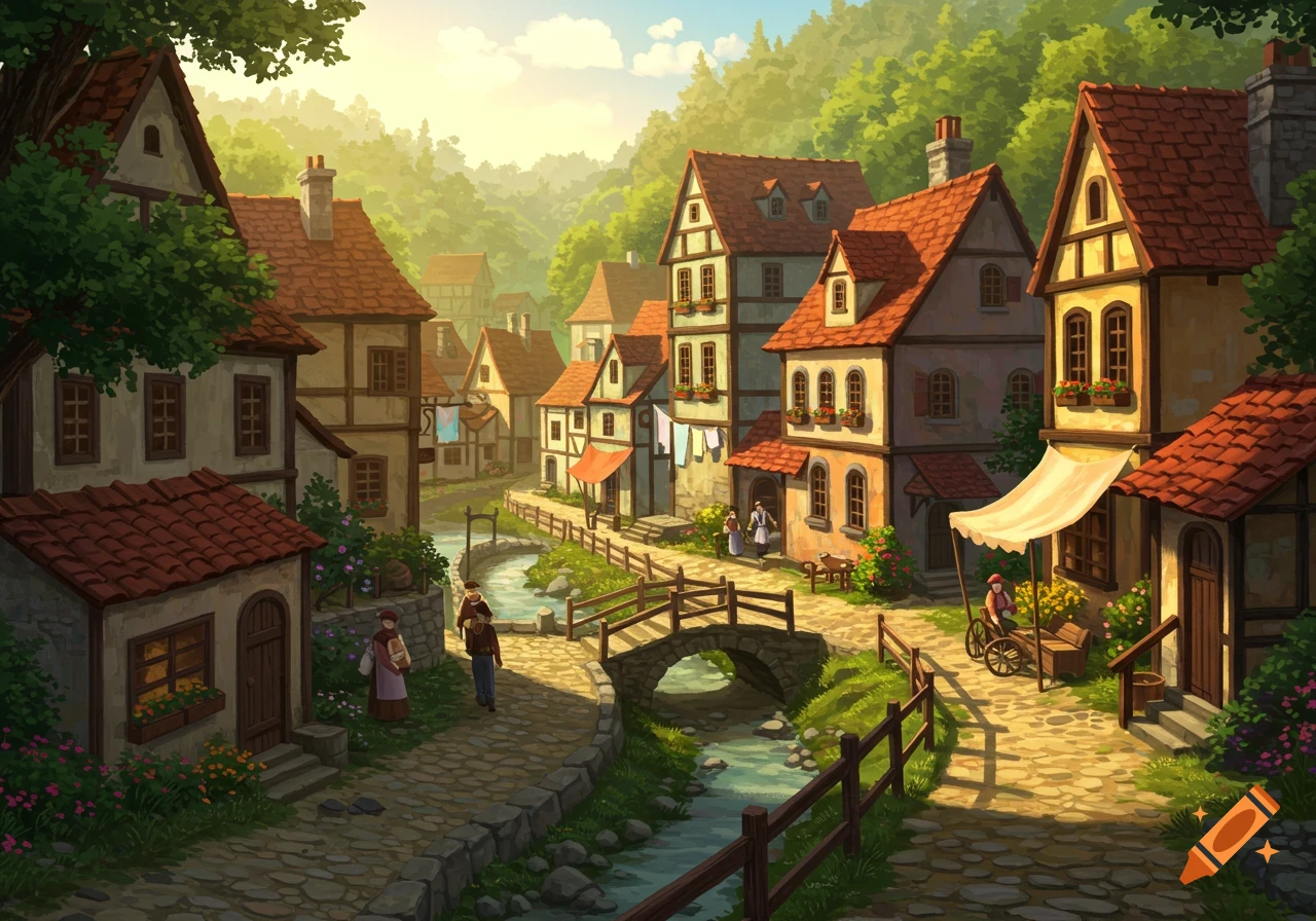 Illustrated village scene with buildings, river, bridge, and people