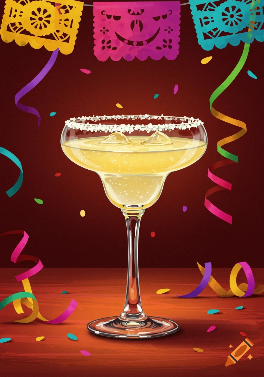Illustration of a margarita glass with ice and salt rim, surrounded by colorful Cinco de Mayo decorations on a table.