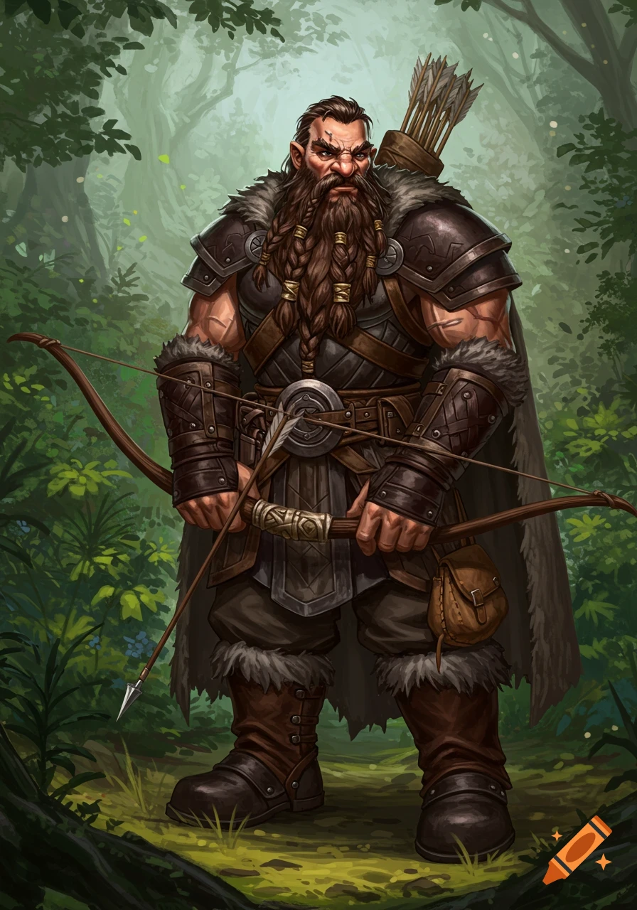 A male dwarf ranger with a bow stands in a forest, illustrated in a fantasy style.