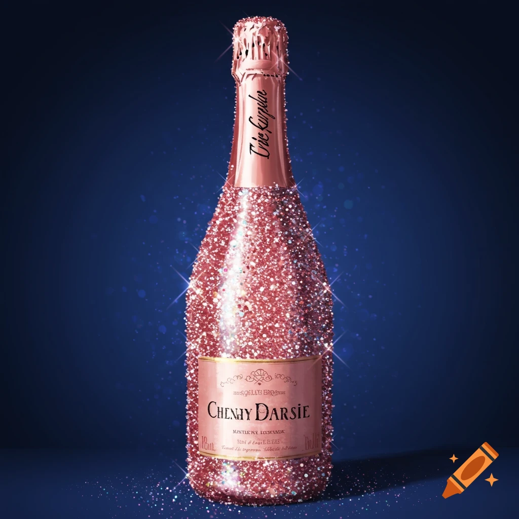 Rose gold glitter-covered champagne bottle on a dark blue background with sparkling effects.
