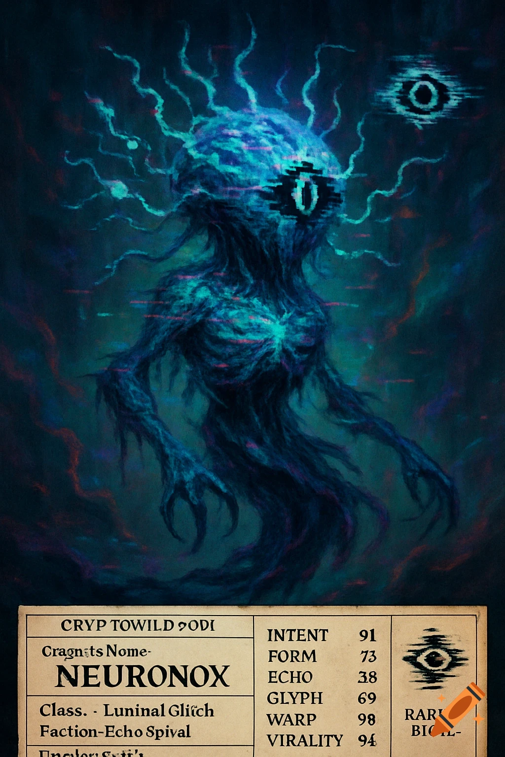 A creature resembling a spectral, decaying entity with pixelated eyes and glowing blue tendrils, depicted as a trading card with stats and text at the bottom.