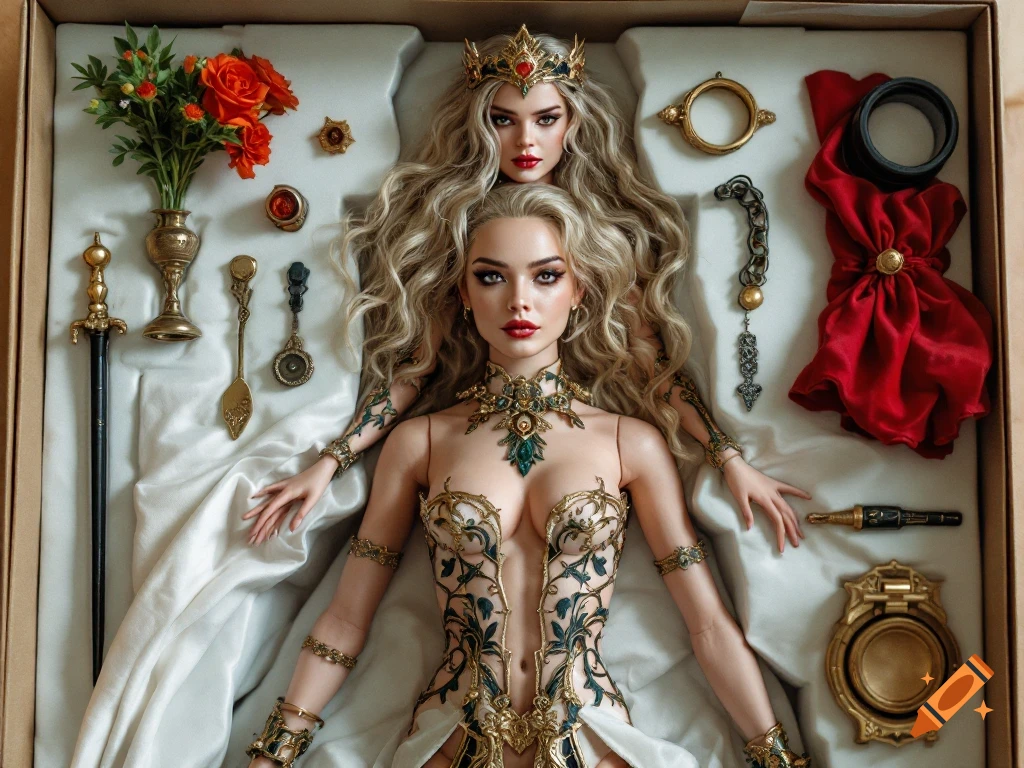 Action figure of a fantasy queen in a box with accessories like a crown, sword, and fabric.