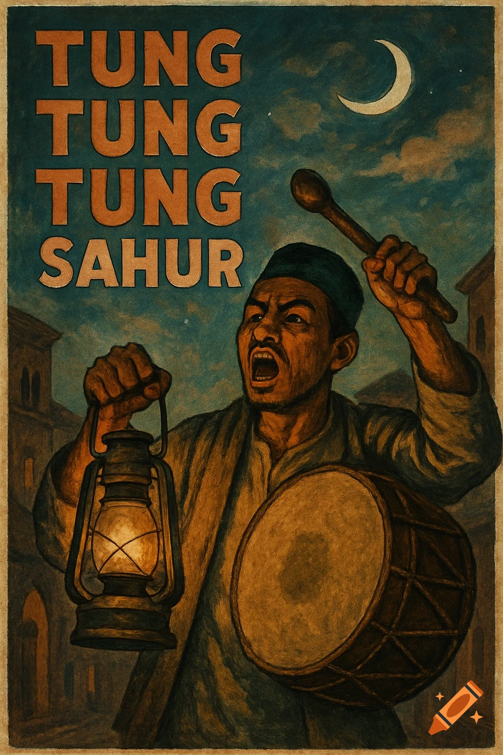 Vintage style poster of a man with a drum and lantern under a crescent moon. Text reads 'TUNG TUNG TUNG SAHUR'.