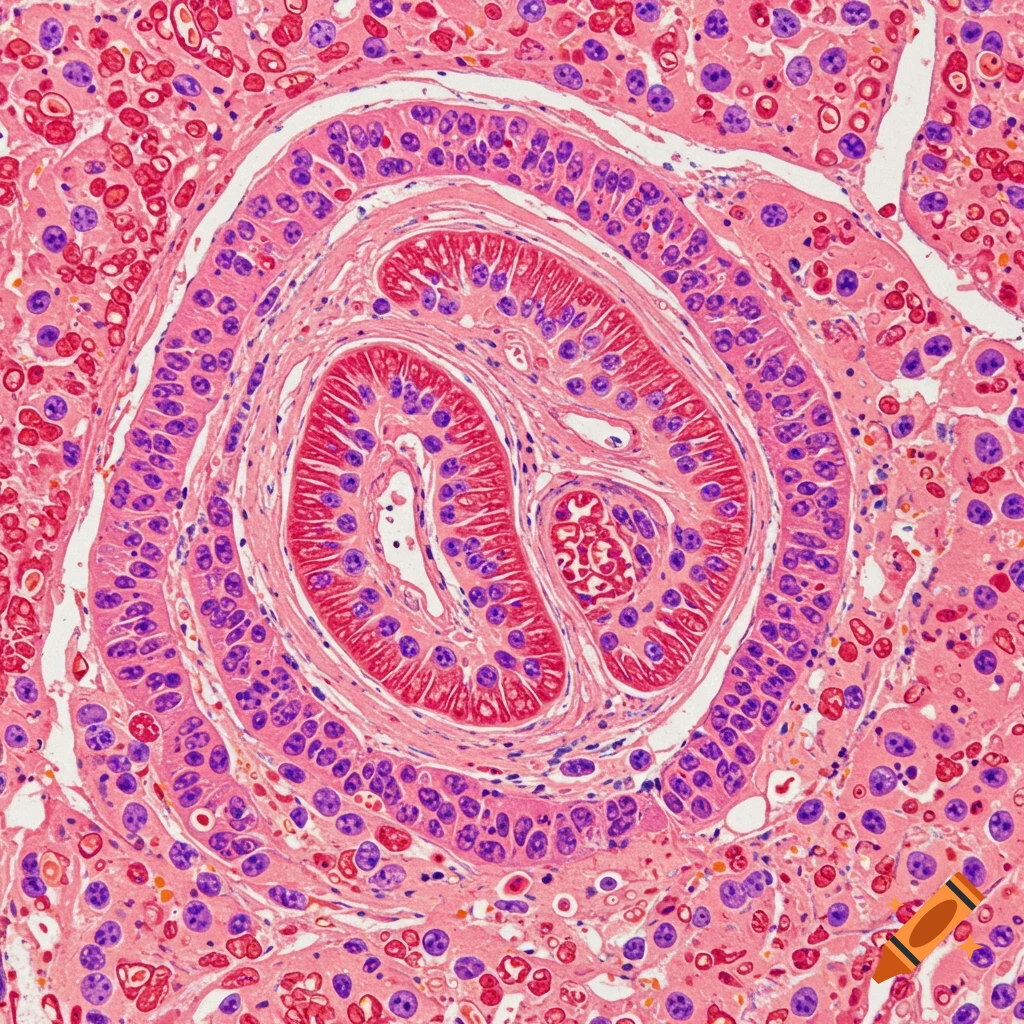 Close-up microscopic view of biological tissue, showing cellular structure in pink and purple.