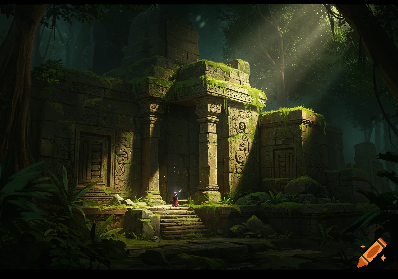 Ancient jungle ruins with moss and vines, sunlight filtering through trees, figure standing on steps.