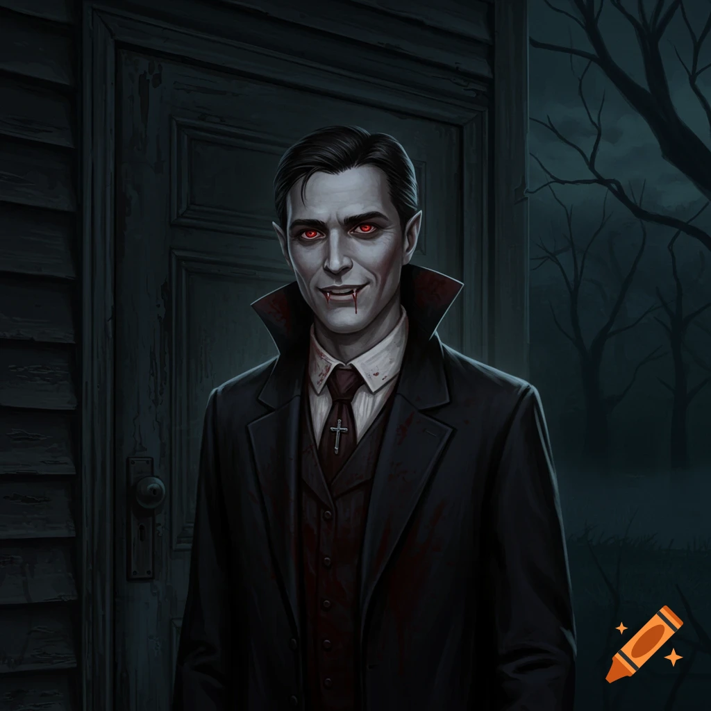 Illustration of a vampire in a suit standing by a dark door.