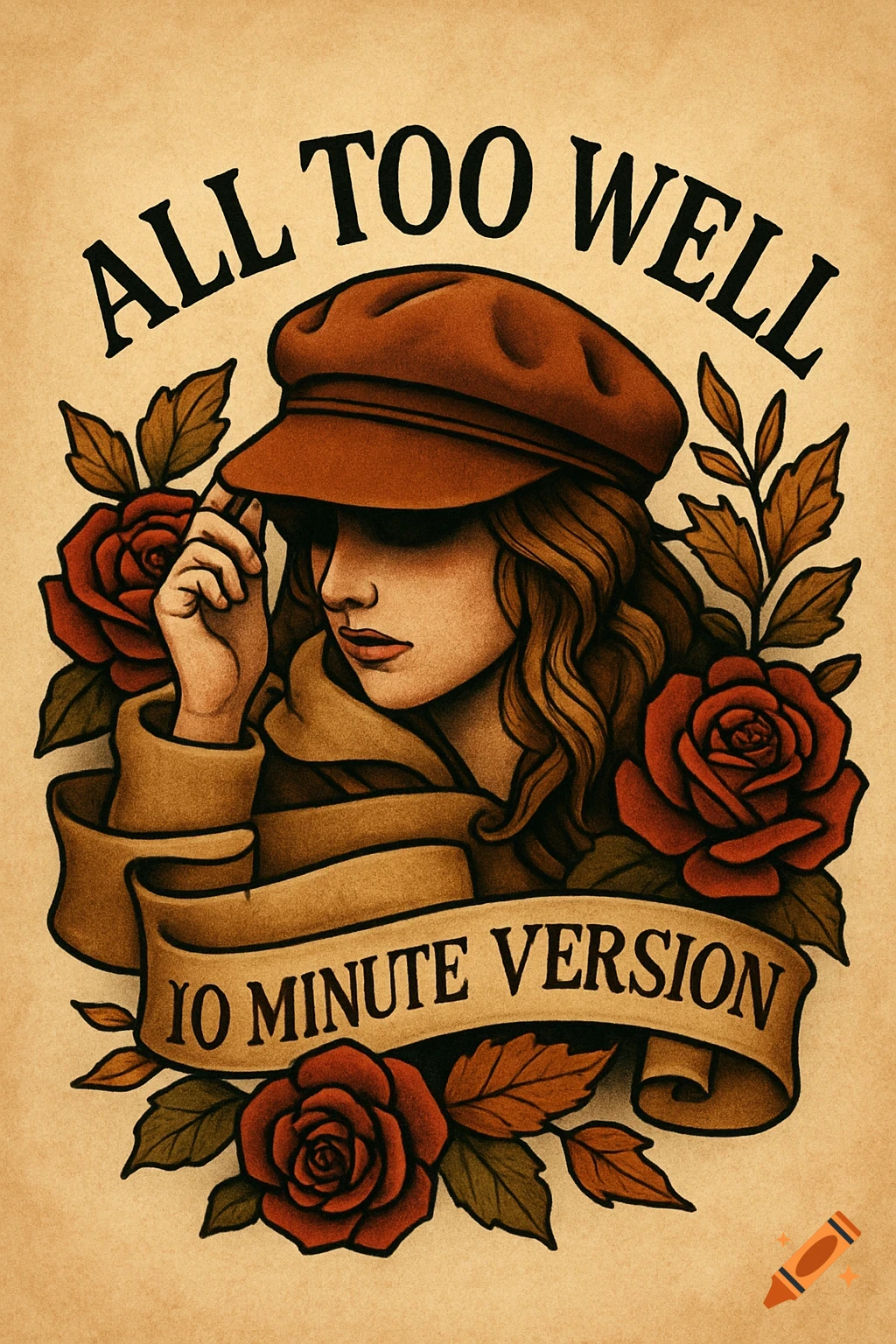 Tattoo style illustration of a woman in a cap surrounded by roses and text 'ALL TOO WELL 10 MINUTE VERSION'.