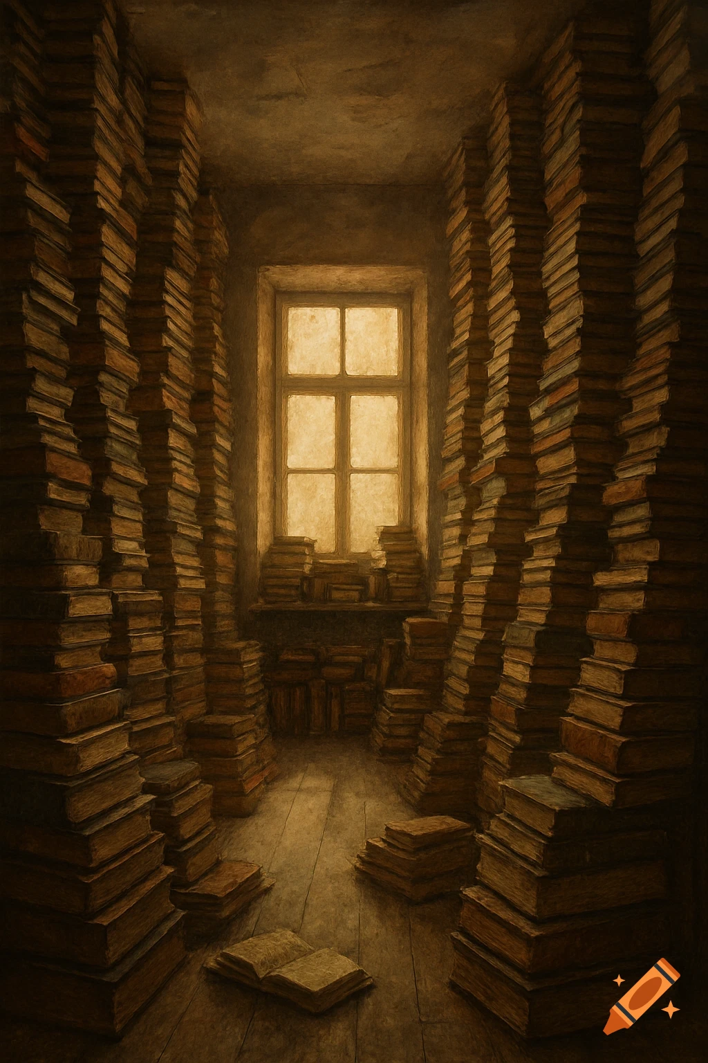 A room filled with stacks of old books reaching to the ceiling, lit by a window, painterly style.