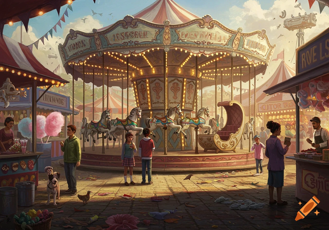 A lively carnival scene with a large carousel, people, stalls, and a dog.