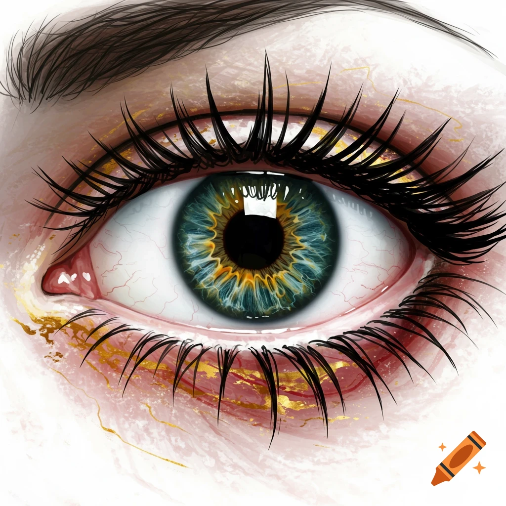 Close-up digital painting of a human eye with blue-green iris and gold and red streaks around it.