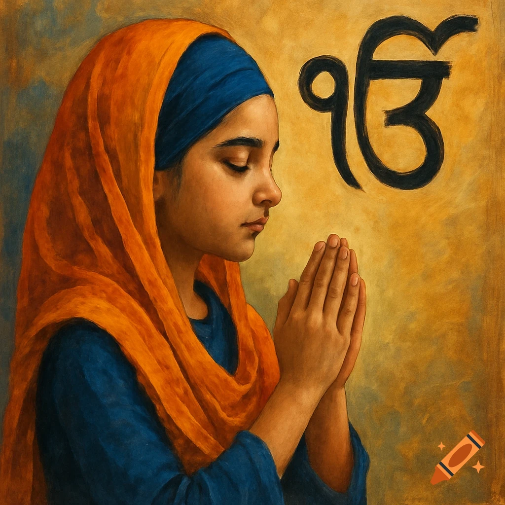 Painting of a young Sikh girl praying with her hands clasped near the Ik Onkar symbol.
