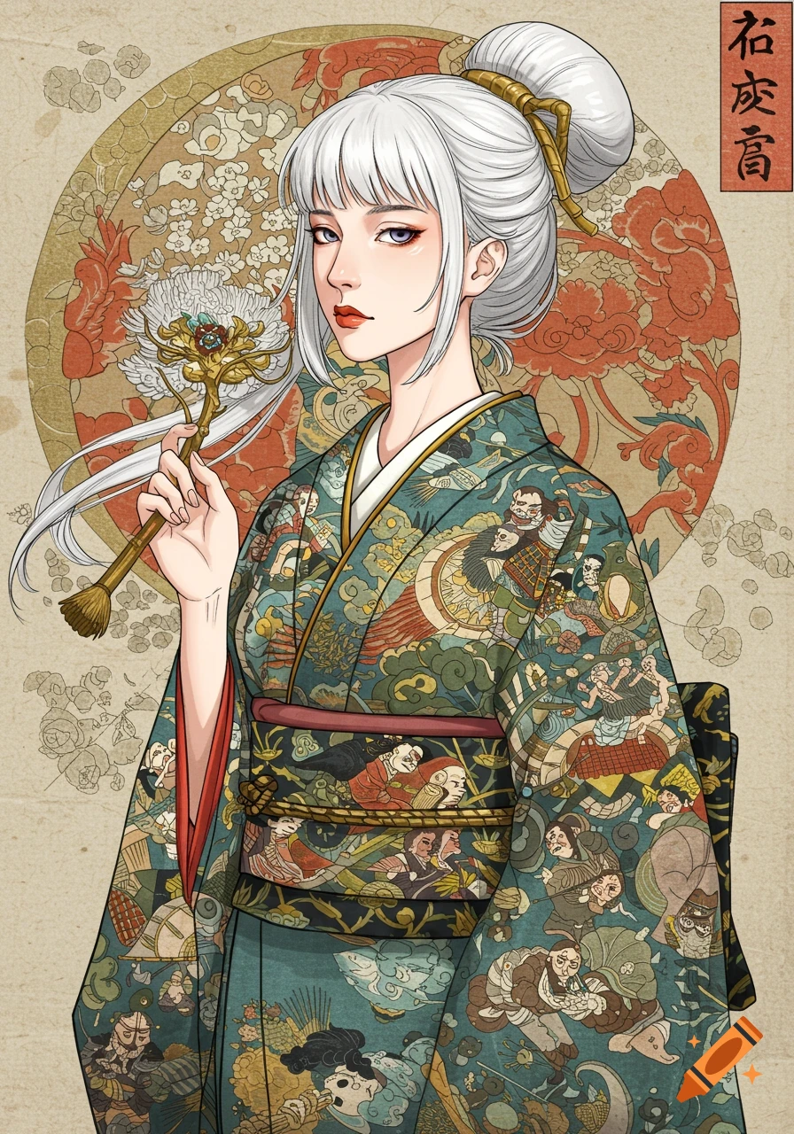 Japanese woman with white hair in ornate kimono in Ukiyo-e style