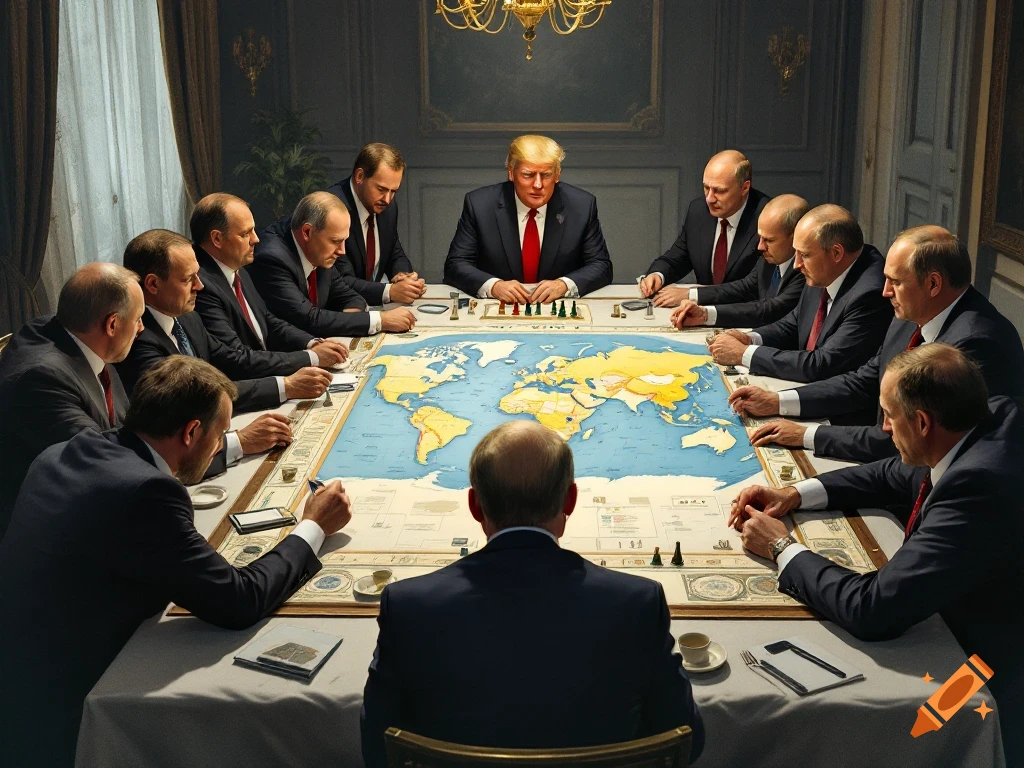 Donald Trump and other men in suits sit around a table playing a board game with a world map on it. The scene is set in a formal room.