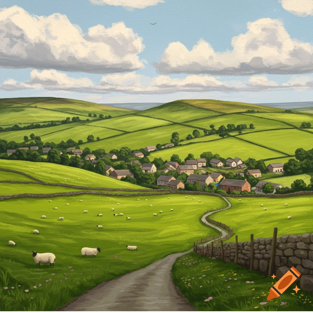 A village sits in rolling green hills with sheep grazing in fields and a road winding through the landscape, in a painting style.