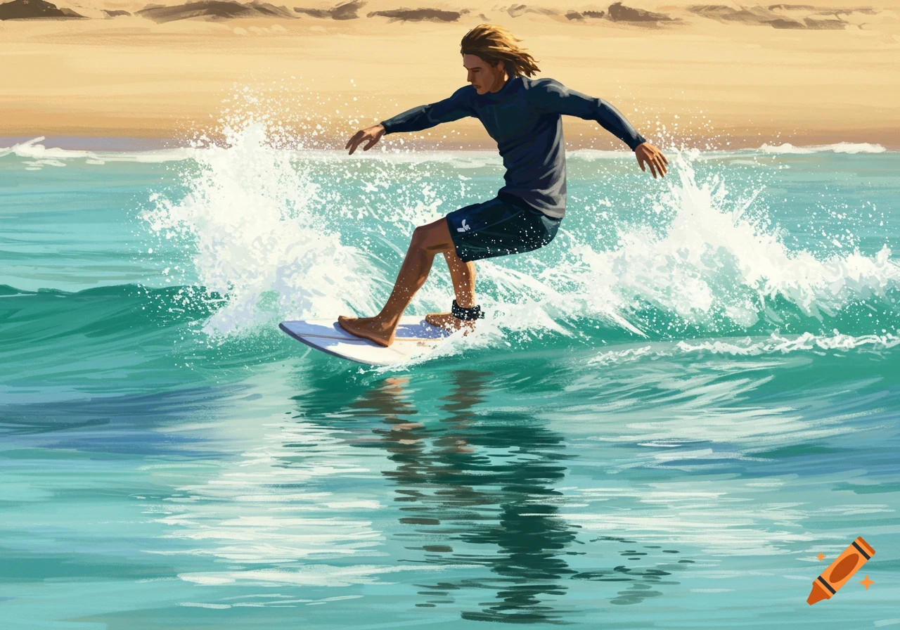 A surfer rides a wave close to the beach in an illustrative style.