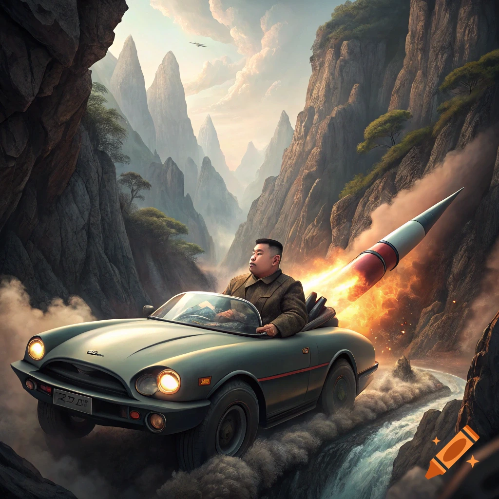 Kim Jong Un drives a vintage car with a launching rocket attached, speeding through a mountain valley.