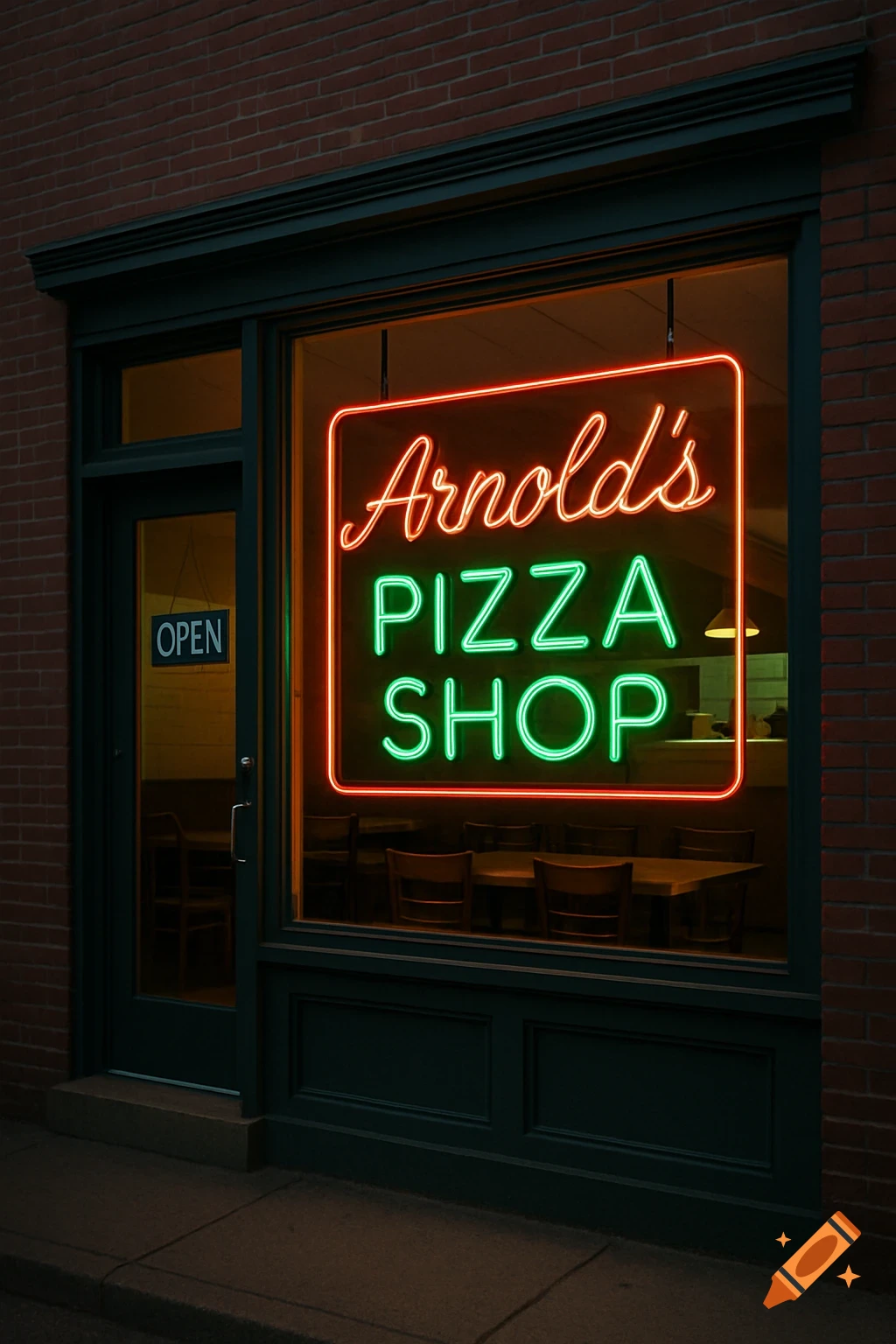 Front of Arnold's Pizza Shop at night with a bright red and green neon sign in the window and an open sign on the door.