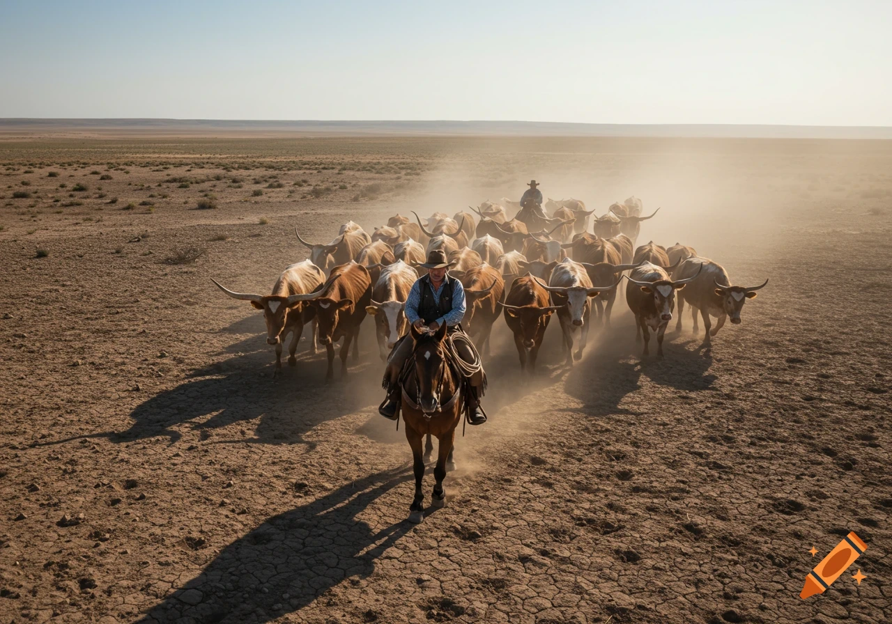 A cowboy on horseback rides ahead of a herd of longhorn cattle kicking up dust in a dry, vast landscape.