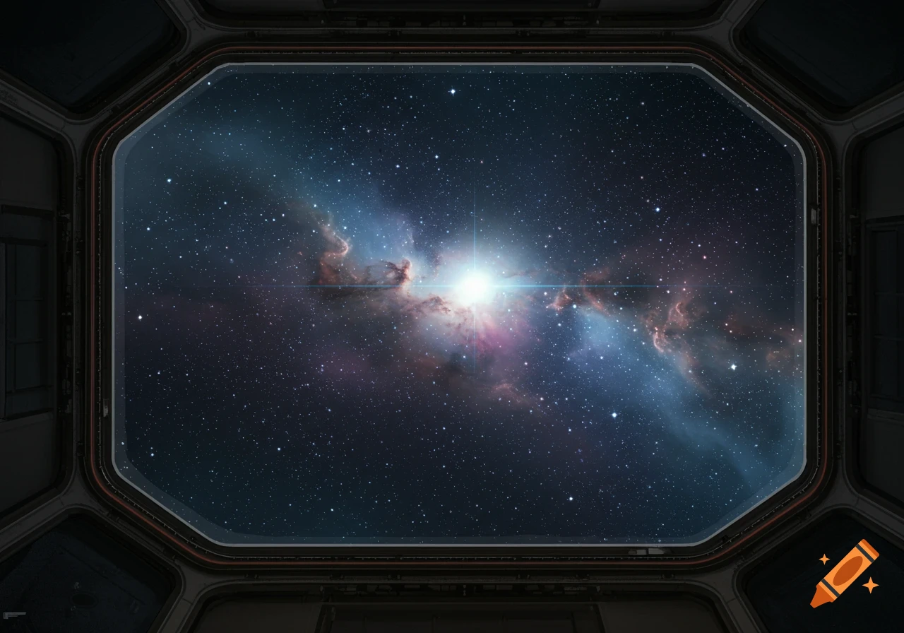 View from a space station window showing stars, a nebula, and a bright light.