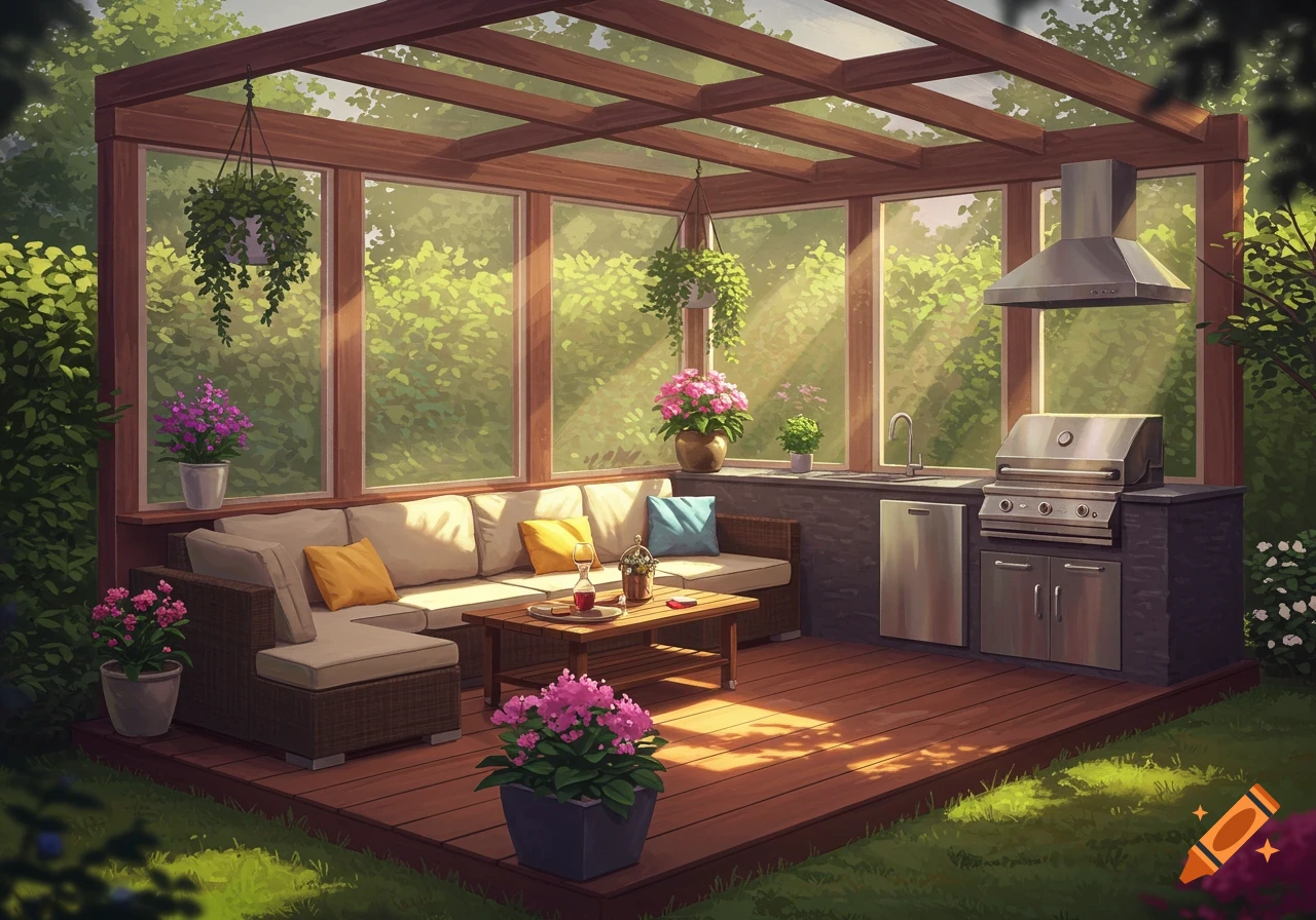 An illustration of an outdoor garden room with a patio, seating, plants, and a kitchen.