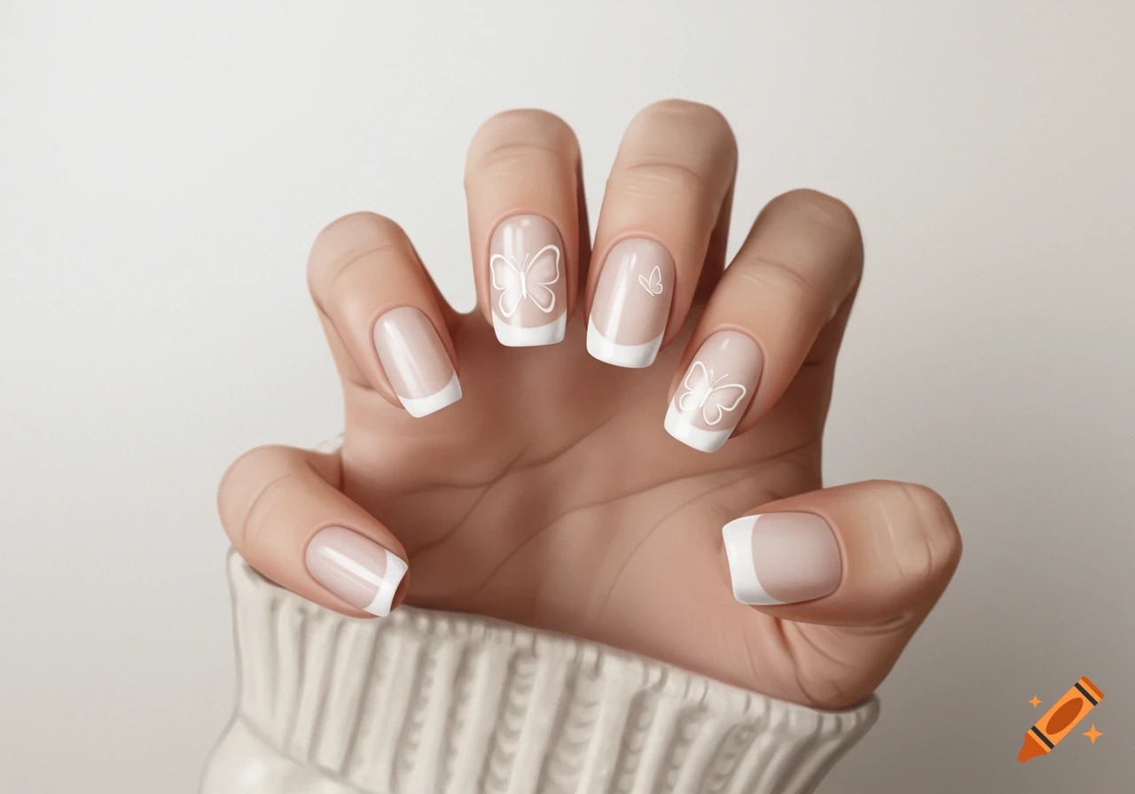 Close-up of a hand showing round French tip nails with white butterfly designs on the ring and middle fingers.
