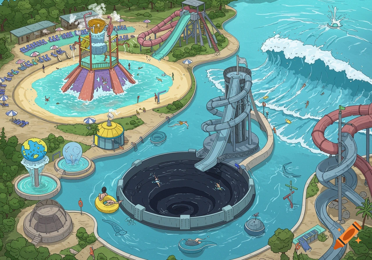 Isometric illustration of a busy water park with slides, wave pool, central splash feature, and pool pods.