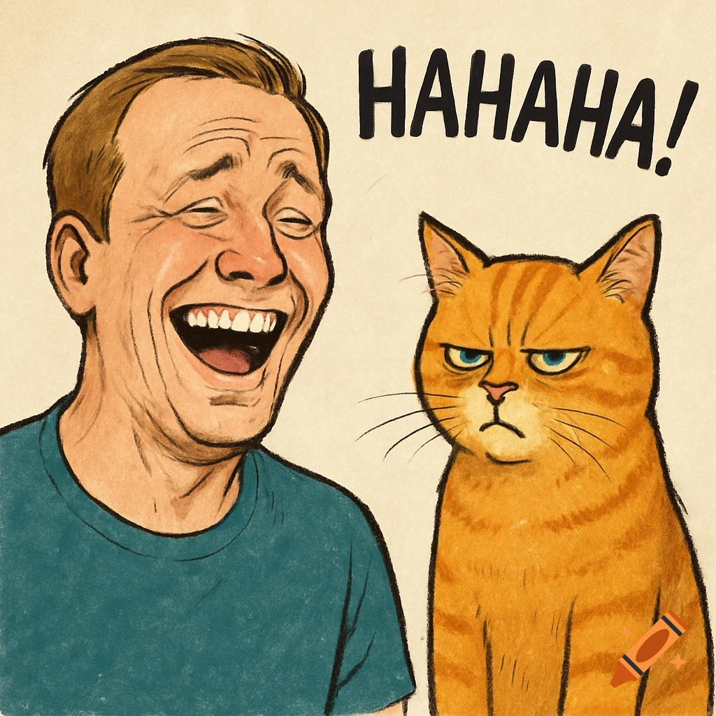 A cartoon illustration of a man laughing heartily next to a grumpy-looking orange tabby cat. Text above reads "HAHAHA!".