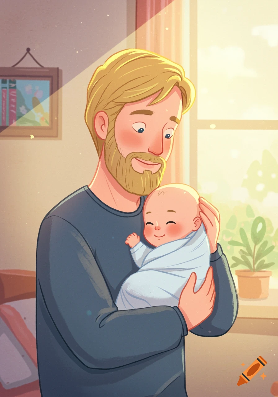 Storybook illustration of a father holding his baby, both smiling in warm sunlight by a window.