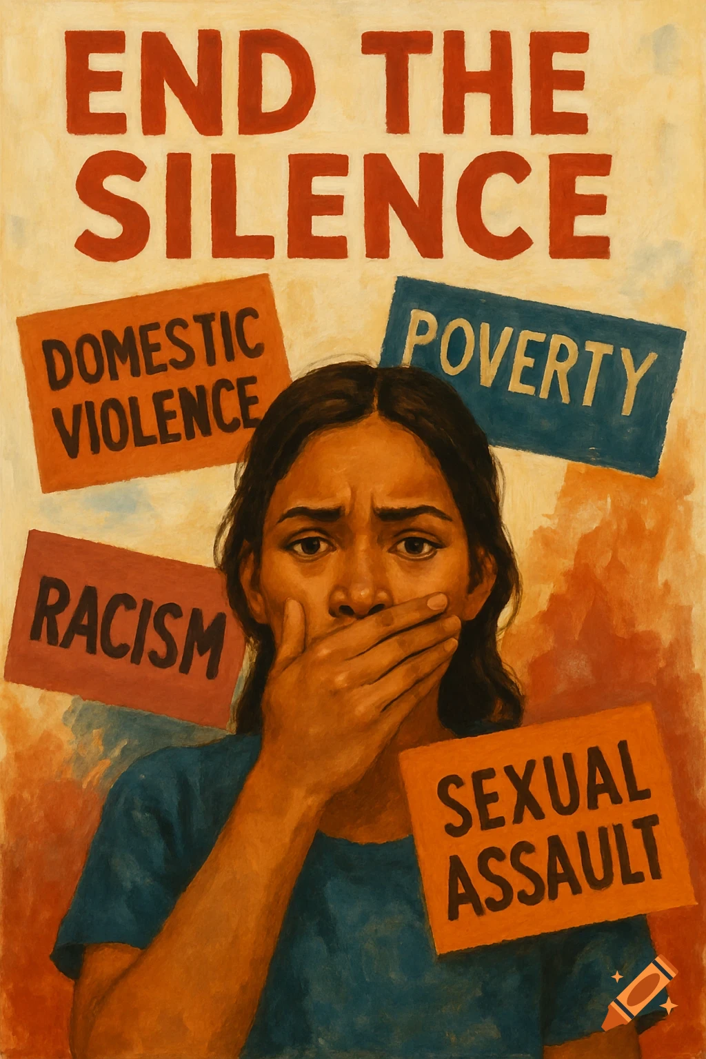 Painting of woman covering mouth, 'End the Silence' poster with labels: Domestic Violence, Poverty, Racism, Sexual Assault.