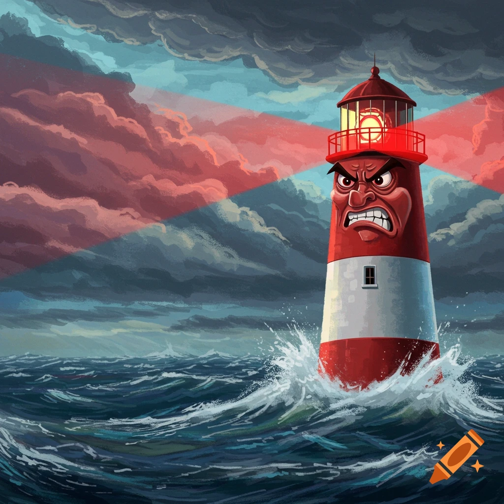 Cartoon illustration of a very angry lighthouse in a stormy sea, beaming red light under dark clouds.