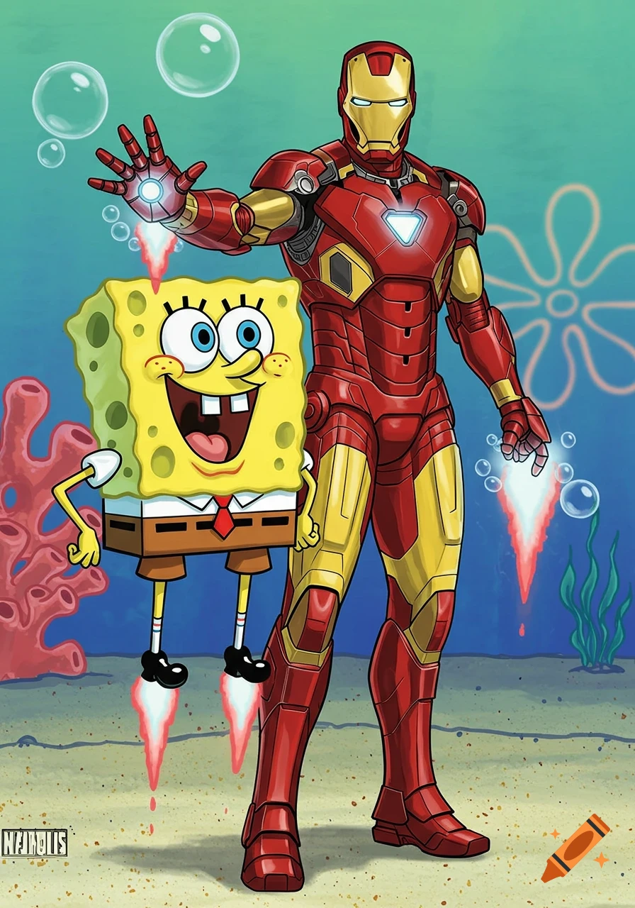 Spongebob Squarepants and Iron Man stand underwater, Spongebob using repulsors from his feet and hand.