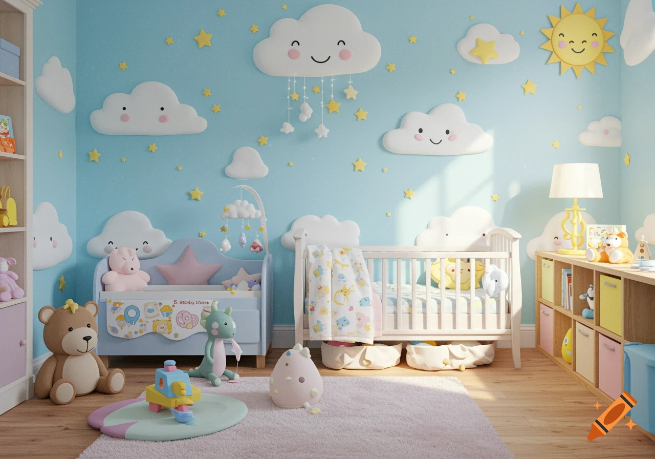 A bright and whimsical child's nursery with light blue walls, cloud and star decorations, a crib, toddler bed, toys, and shelves.