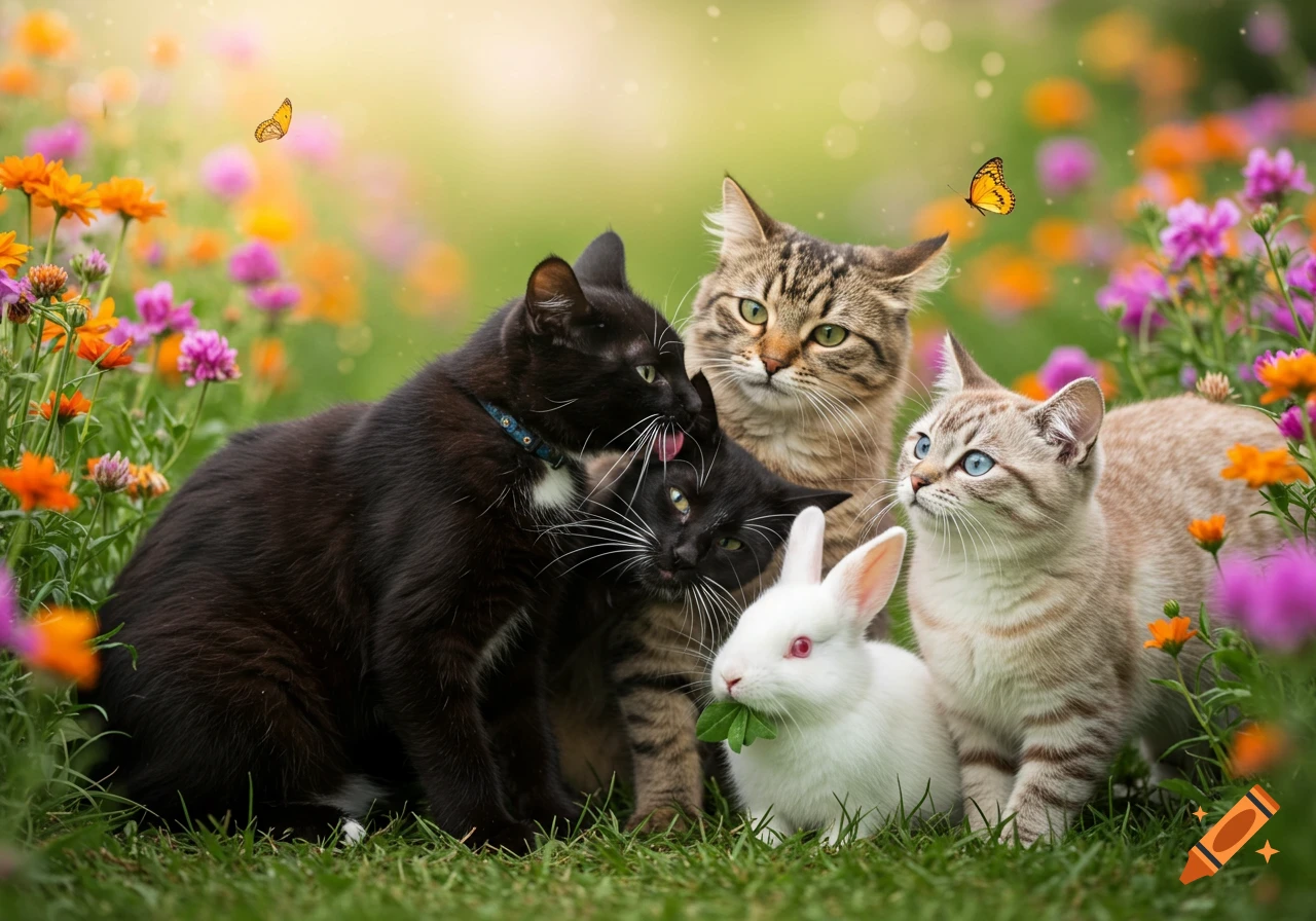 Four cats and a white rabbit among colorful flowers and grass.