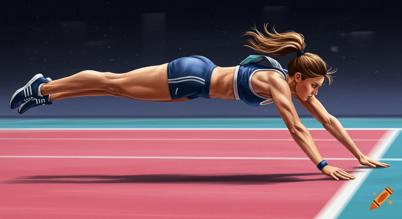 An illustration of a female athlete diving horizontally across a pink and blue track.
