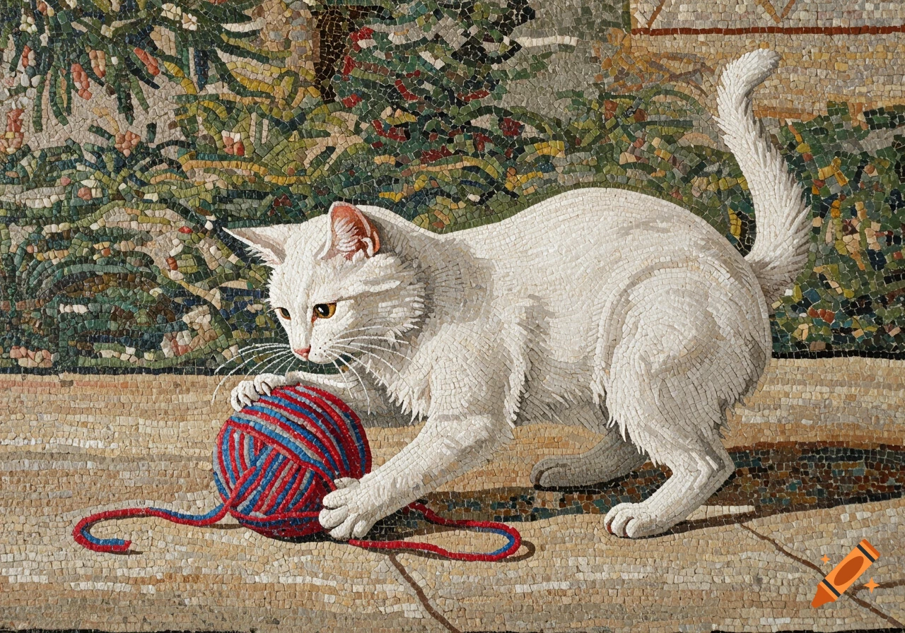Mosaic of a white cat playing with red and blue yarn