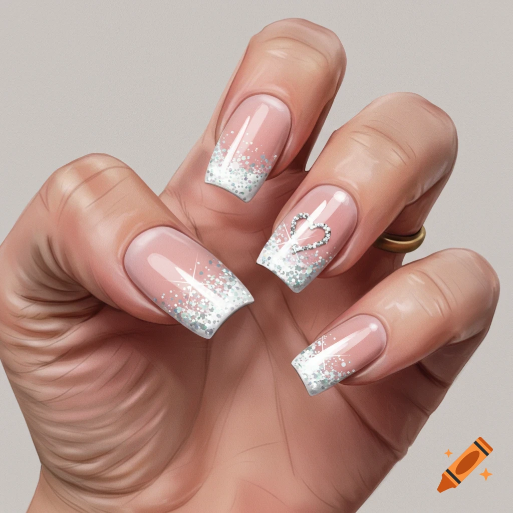 Close-up of a hand with French tip nails, glitter, and a heart design on the ring finger.