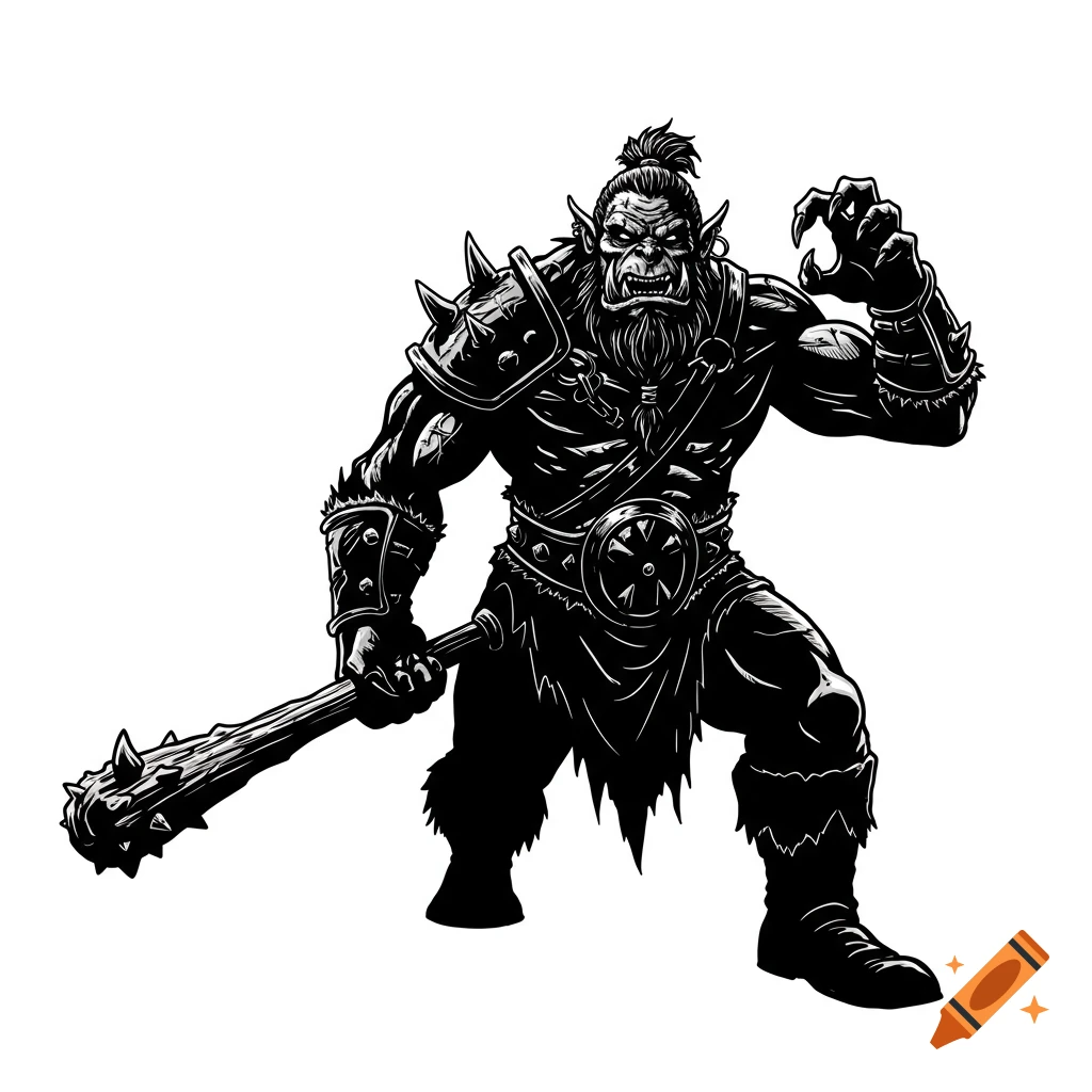 Black and white line art illustration of an orc warrior holding a club.