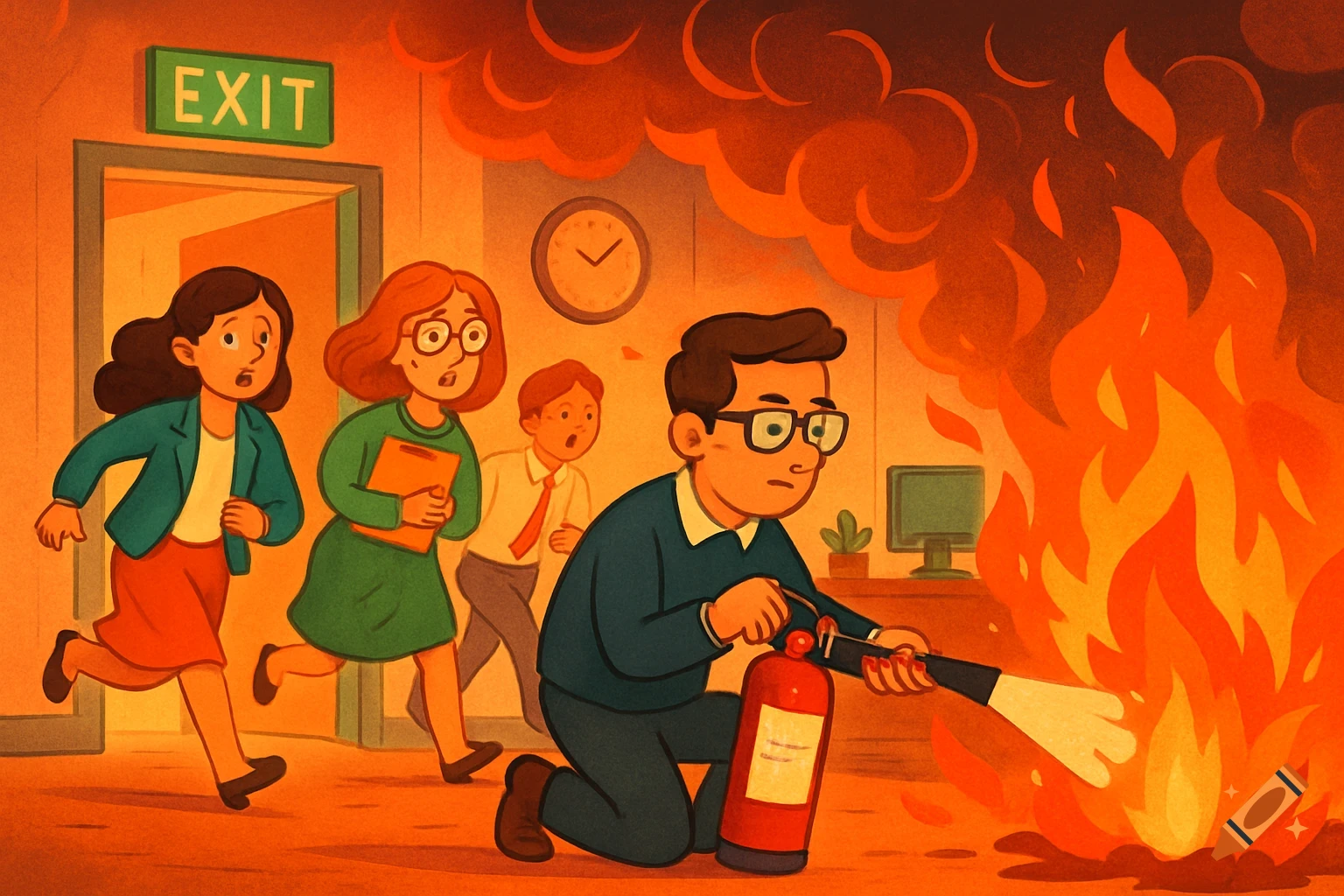 Illustration of people evacuating a burning office while a man uses a fire extinguisher near an exit sign.