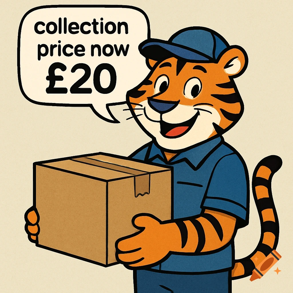Cartoon tiger in delivery uniform holding a box with a speech bubble showing a price.
