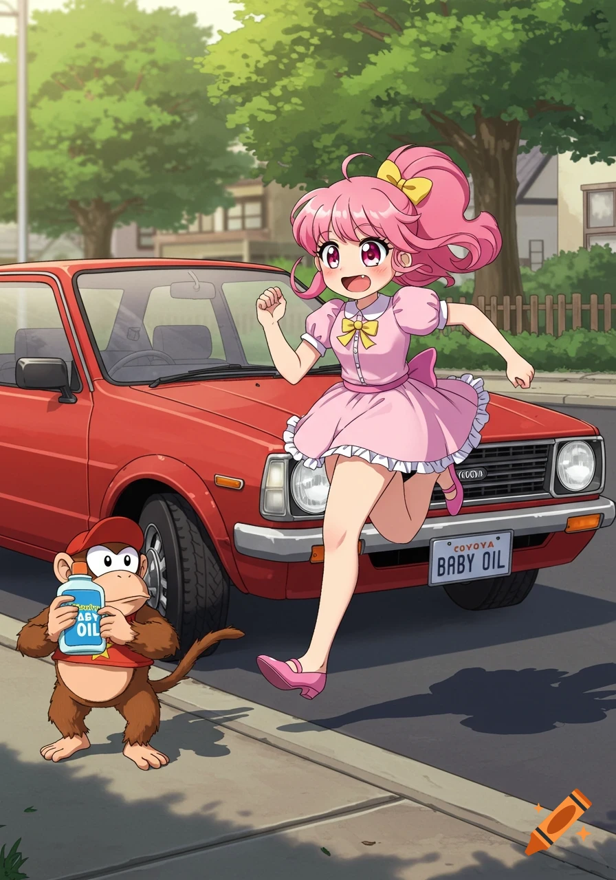 Anime girl runs past a red car as Diddy Kong holds a bottle of baby oil.