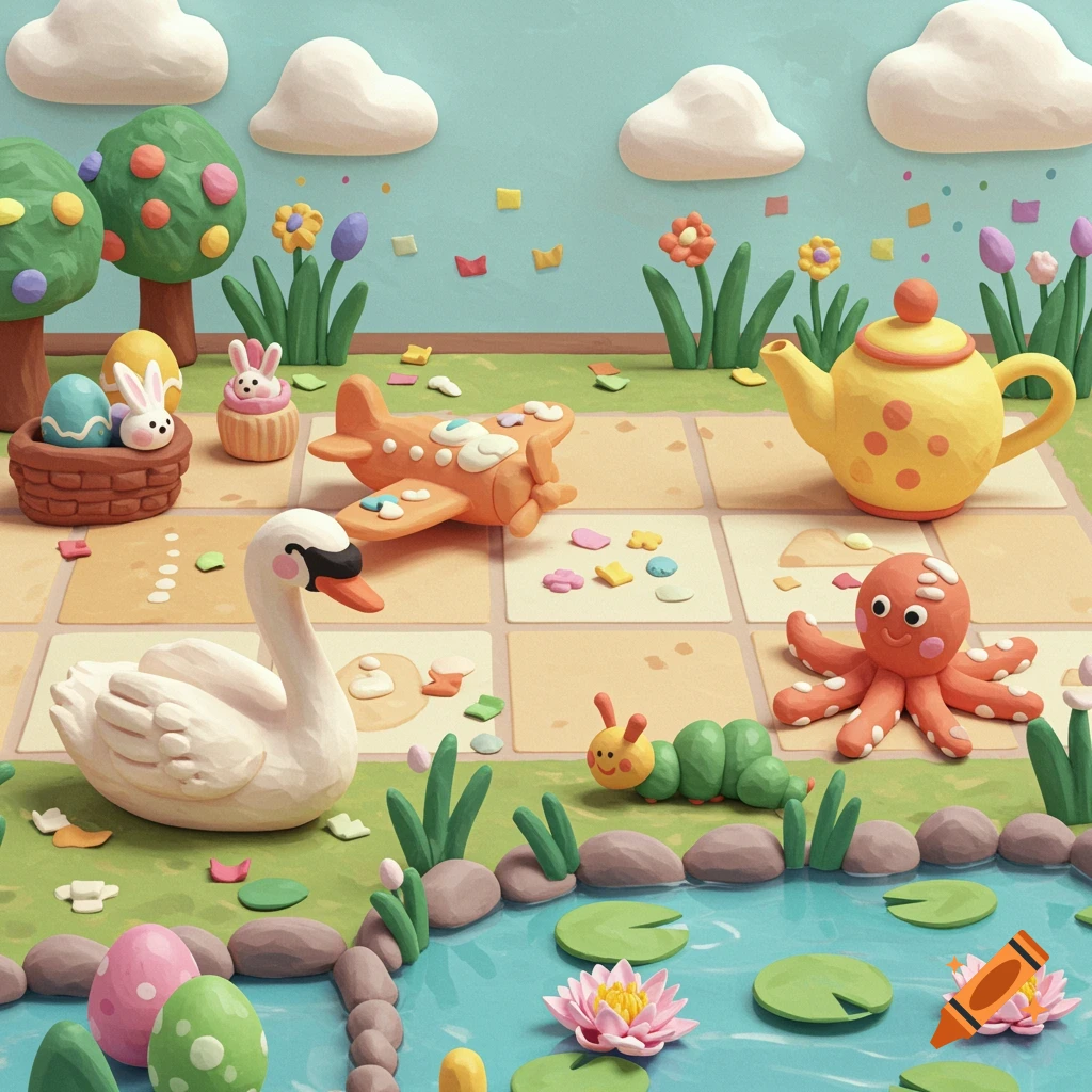 A claymation diorama with a swan, airplane, octopus, caterpillar, teapot, Easter eggs, and lily pads.