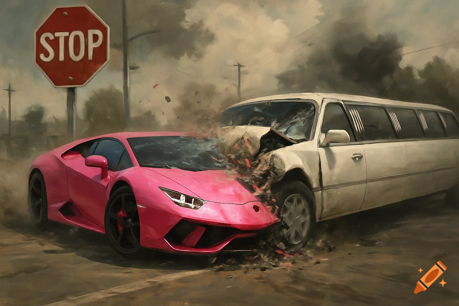 Pink Lamborghini crashes into white limo at stop sign, painted style.