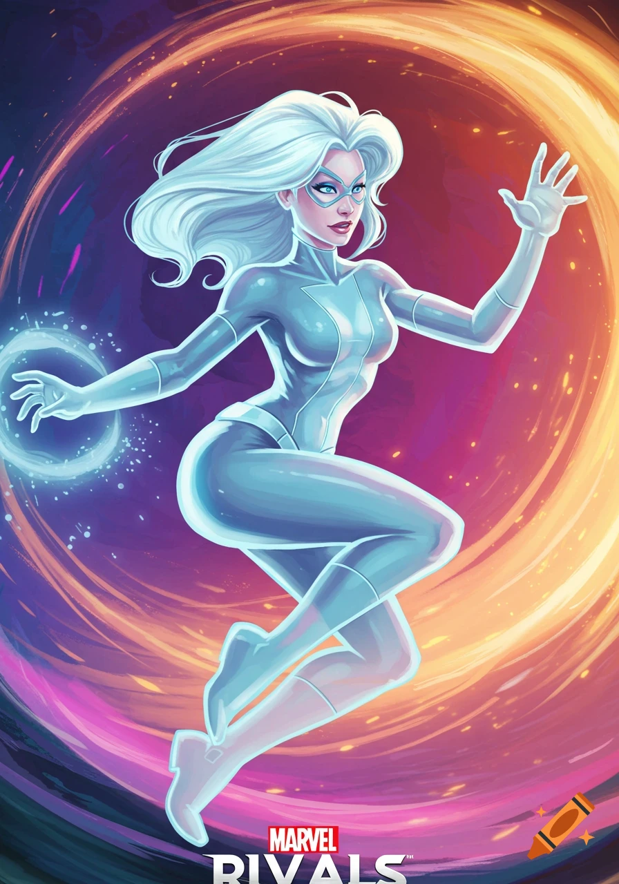 Female superhero character levitating within an energy vortex, using powers, in digital art style.