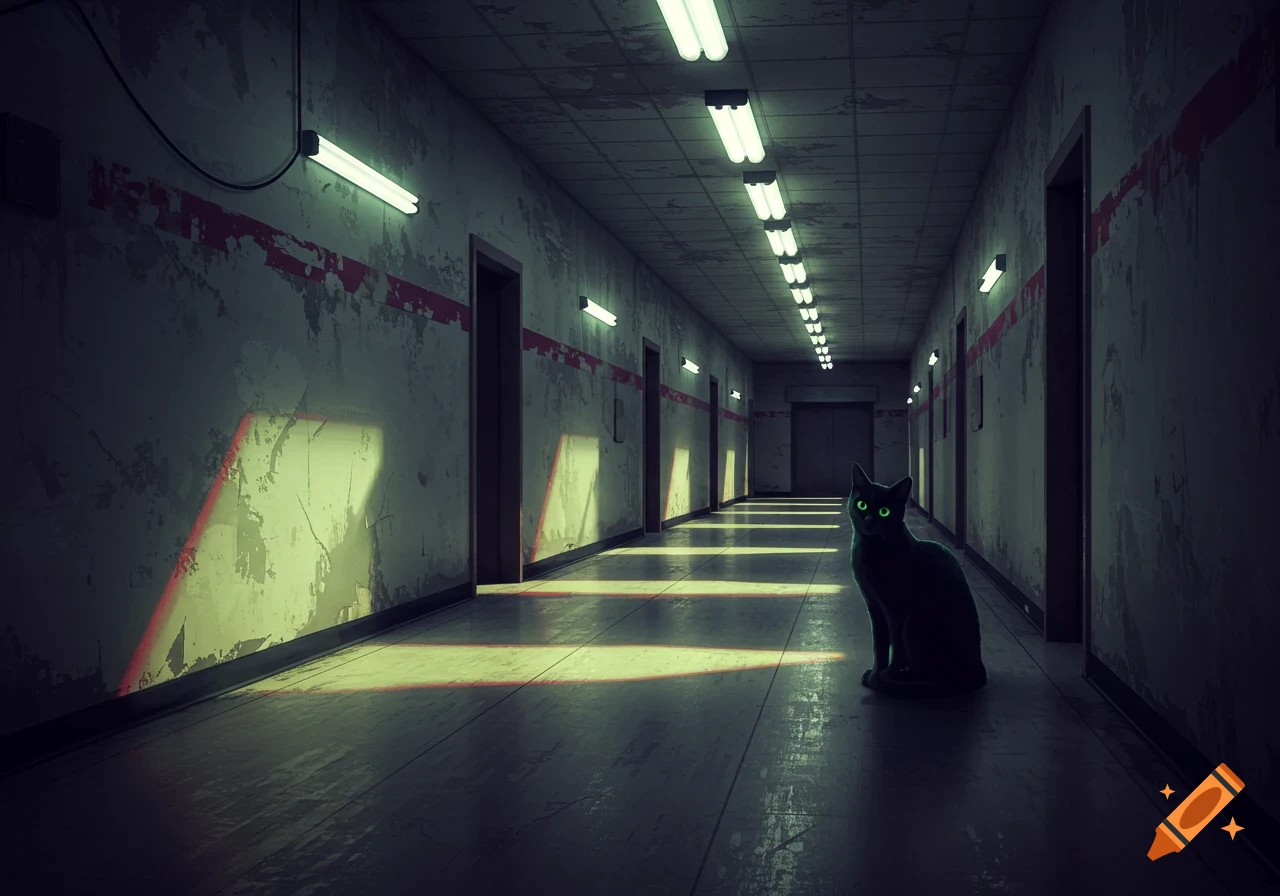 A black cat with glowing green eyes sits in a long, creepy, deserted corridor.