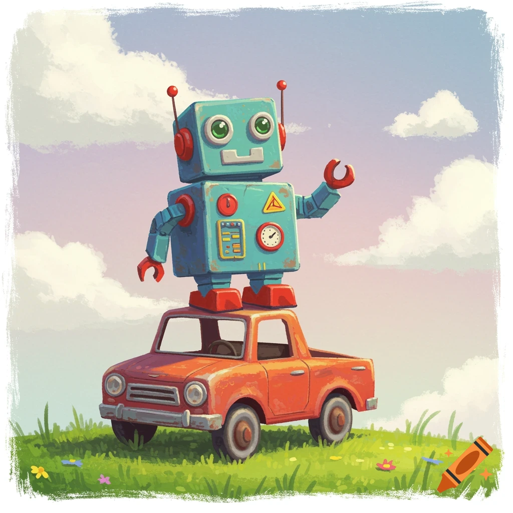 Simple toy robot standing on an orange toy car in a grassy field under a cloudy sky, illustration style.