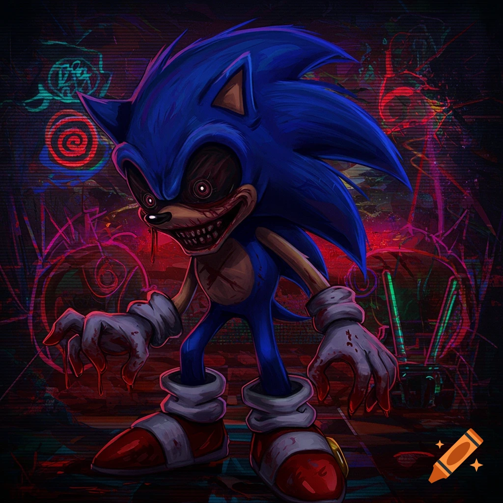 A horrifying, bloody Sonic.exe creature stands in a dark, glitchy background, reaching forward.