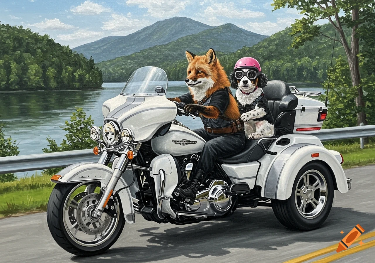A fox drives a white motorcycle trike with a dog passenger wearing a pink helmet, on a road by a lake and mountains, in an acrylic painting style.